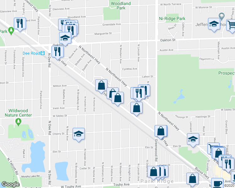map of restaurants, bars, coffee shops, grocery stores, and more near 702 North Western Avenue in Park Ridge