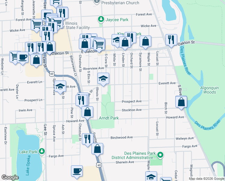 map of restaurants, bars, coffee shops, grocery stores, and more near 1862 White Street in Des Plaines