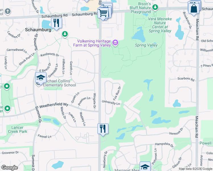 map of restaurants, bars, coffee shops, grocery stores, and more near 1871 Fox Run Drive in Elk Grove Village
