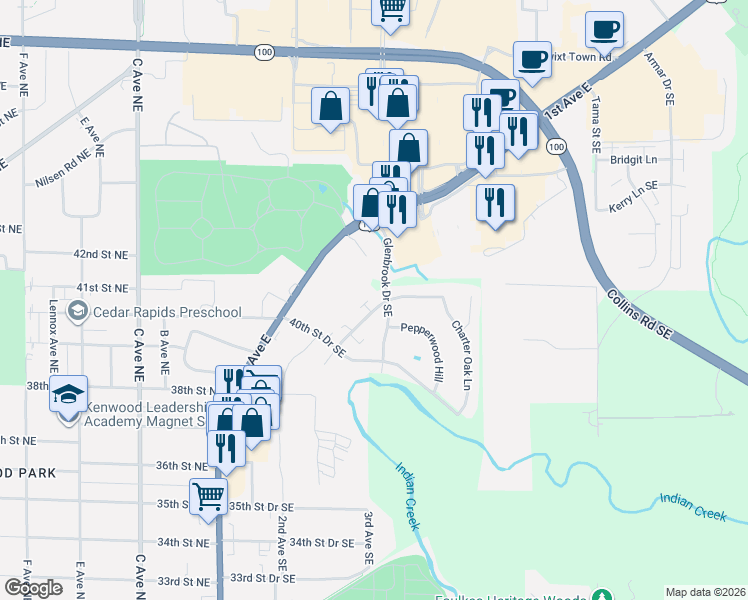 map of restaurants, bars, coffee shops, grocery stores, and more near 4014 Westover Road Southeast in Cedar Rapids