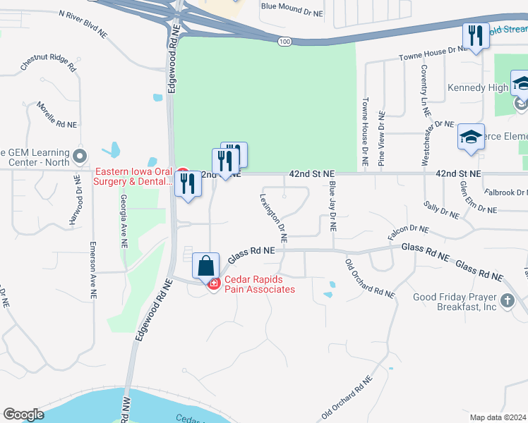 map of restaurants, bars, coffee shops, grocery stores, and more near 3915 Lexington Drive Northeast in Cedar Rapids