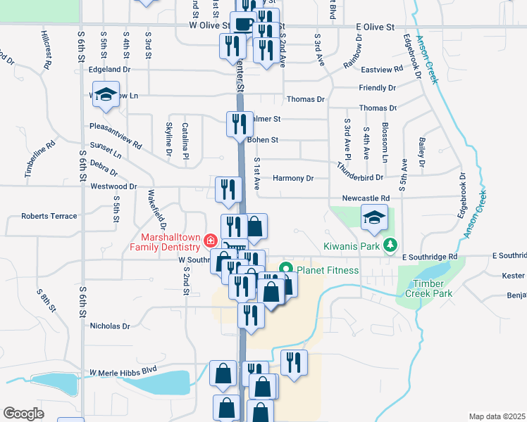 map of restaurants, bars, coffee shops, grocery stores, and more near 2100-2398 South Center Street in Marshalltown