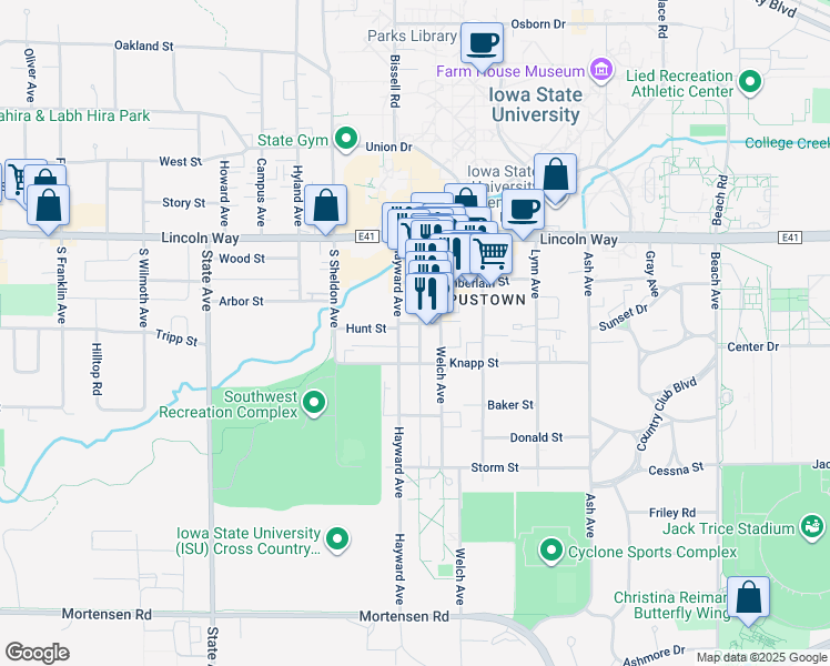 map of restaurants, bars, coffee shops, grocery stores, and more near 2519 Knapp Street in Ames