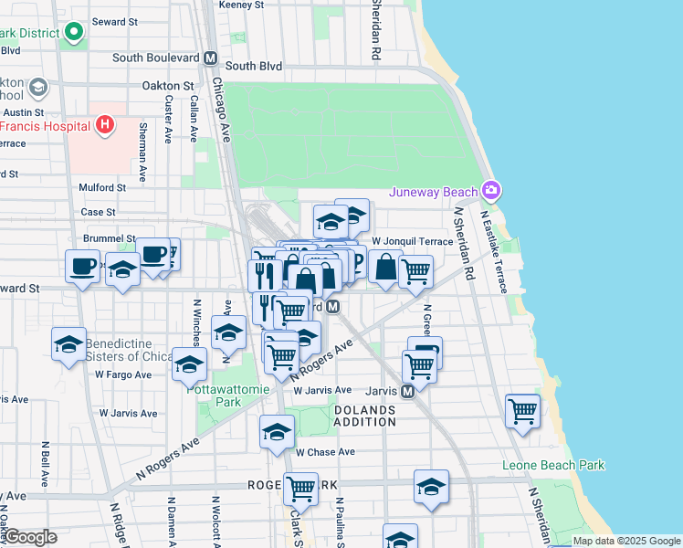 map of restaurants, bars, coffee shops, grocery stores, and more near 7616 North Marshfield Avenue in Chicago