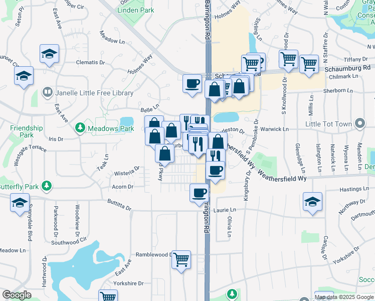map of restaurants, bars, coffee shops, grocery stores, and more near 1550 Burgundy Parkway in Streamwood