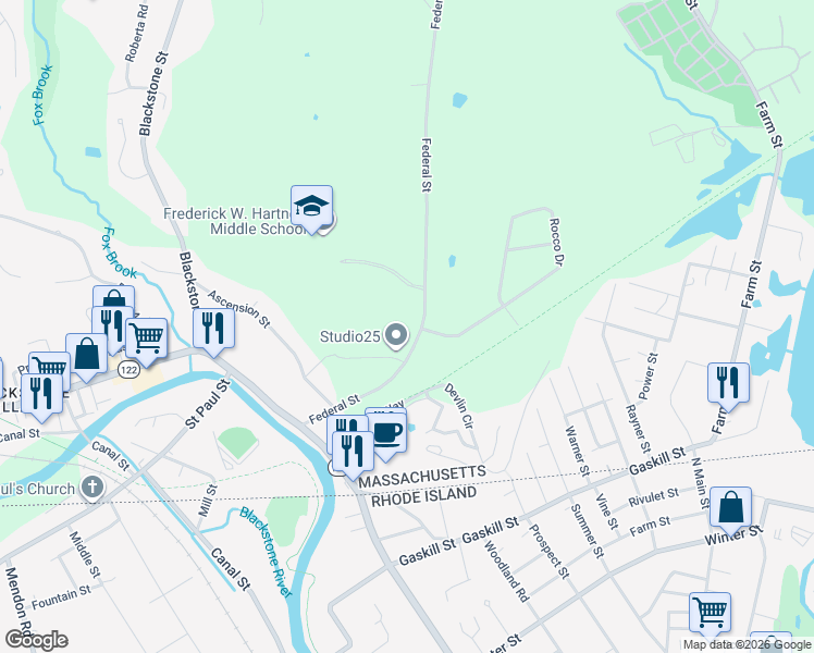 map of restaurants, bars, coffee shops, grocery stores, and more near 29 Federal Street in Blackstone