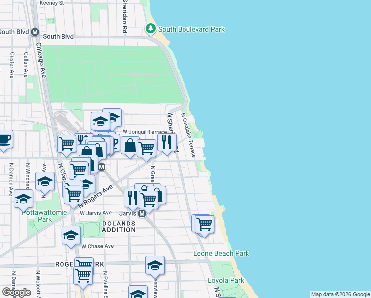 map of restaurants, bars, coffee shops, grocery stores, and more near 7622 North Eastlake Terrace in Chicago