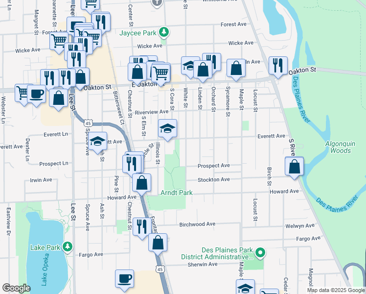 map of restaurants, bars, coffee shops, grocery stores, and more near 1862 White Street in Des Plaines