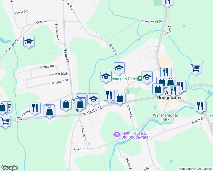 map of restaurants, bars, coffee shops, grocery stores, and more near 155 West Center Street in West Bridgewater