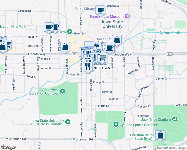 map of restaurants, bars, coffee shops, grocery stores, and more near 304 Welch Avenue in Ames