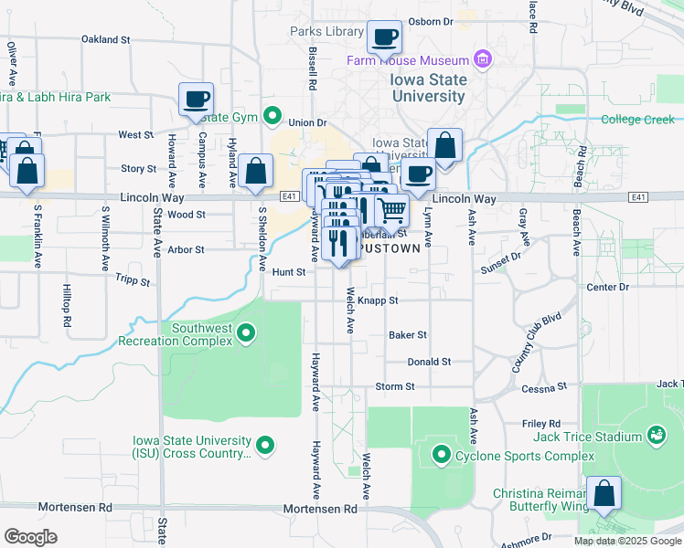 map of restaurants, bars, coffee shops, grocery stores, and more near 2519 Knapp Street in Ames