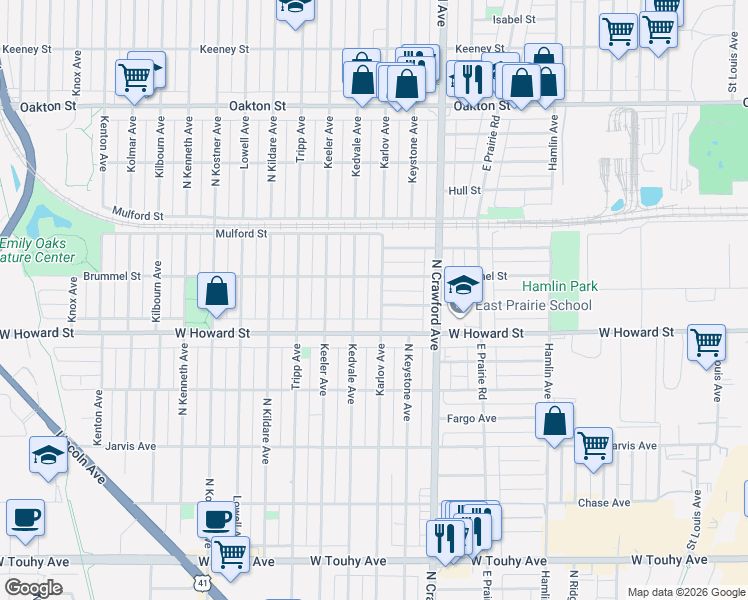 map of restaurants, bars, coffee shops, grocery stores, and more near 7615 Karlov Avenue in Skokie
