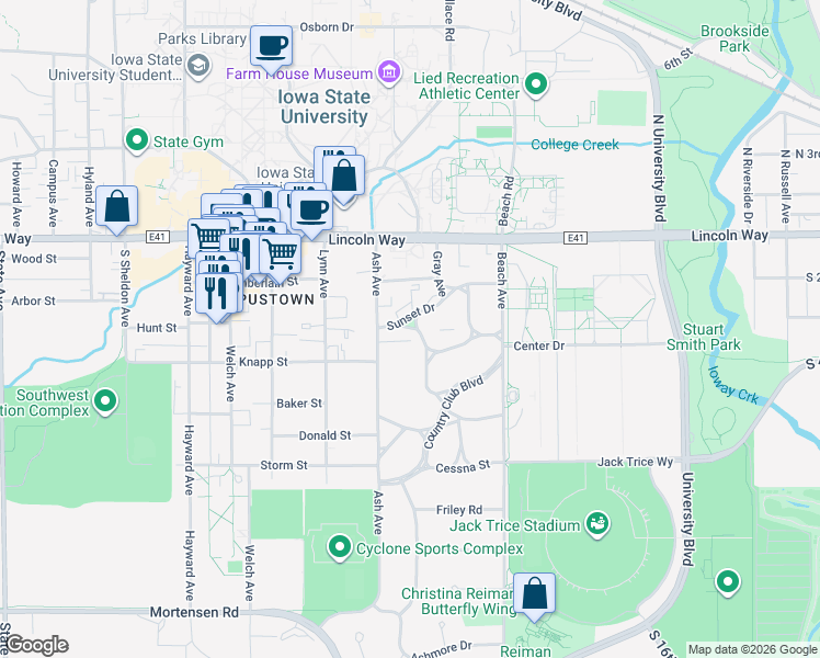 map of restaurants, bars, coffee shops, grocery stores, and more near 320 Ash Avenue in Ames