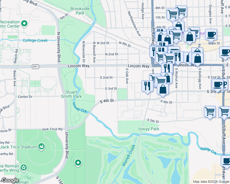 map of restaurants, bars, coffee shops, grocery stores, and more near 325 South Maple Avenue in Ames