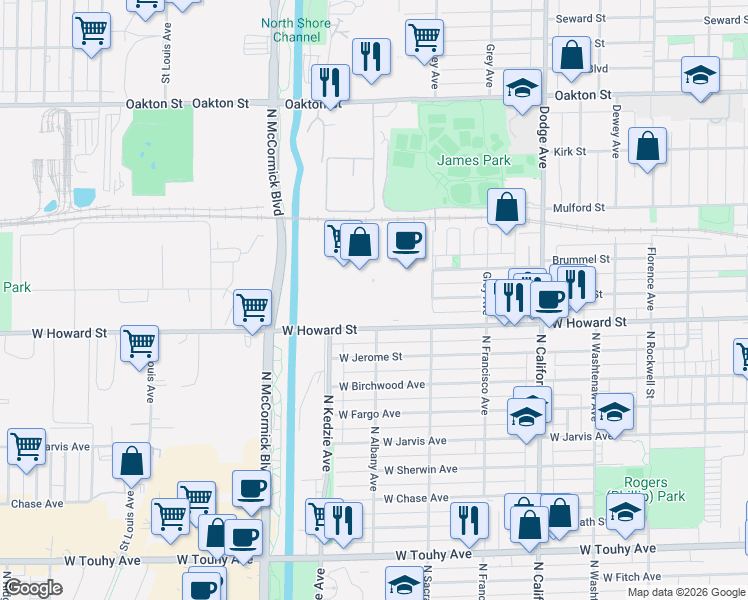 map of restaurants, bars, coffee shops, grocery stores, and more near 2485 West Howard Street in Evanston