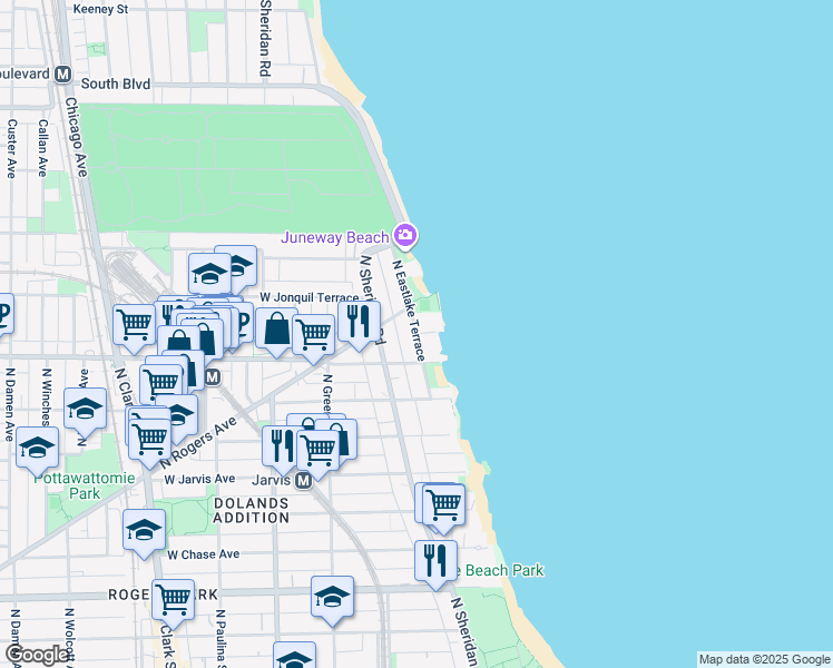 map of restaurants, bars, coffee shops, grocery stores, and more near 7609 North Eastlake Terrace in Chicago