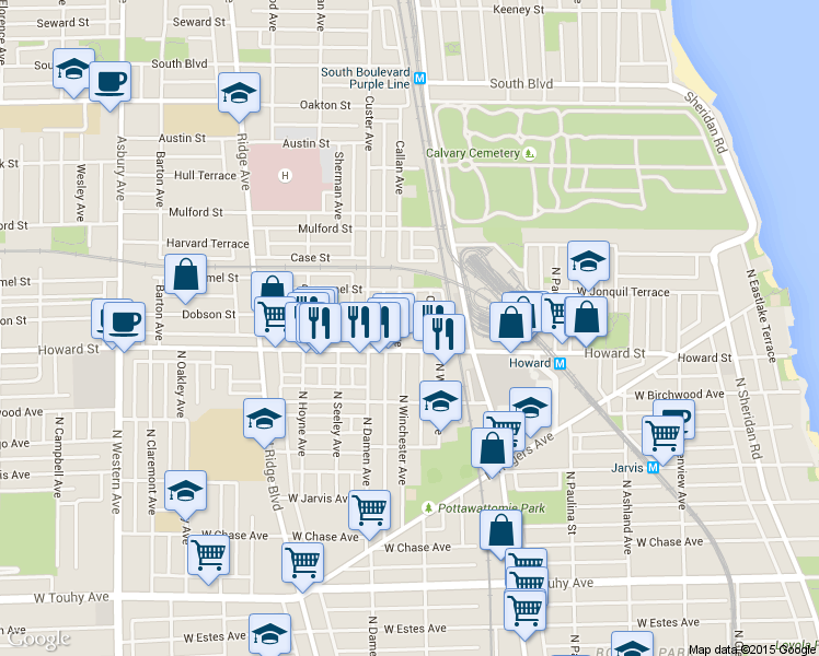 map of restaurants, bars, coffee shops, grocery stores, and more near 627 West Howard Street in Evanston