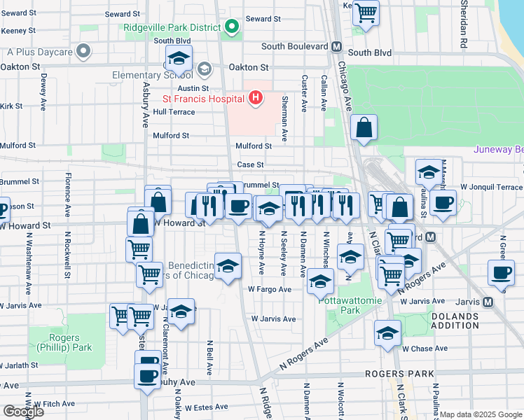map of restaurants, bars, coffee shops, grocery stores, and more near in Evanston