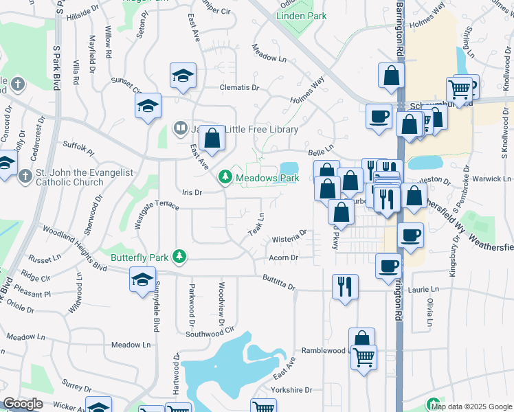 map of restaurants, bars, coffee shops, grocery stores, and more near 242 Teak Lane in Streamwood