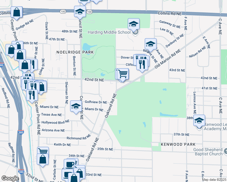map of restaurants, bars, coffee shops, grocery stores, and more near 3864 Oakland Road Northeast in Cedar Rapids