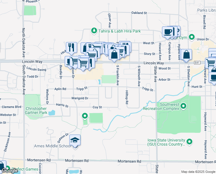 map of restaurants, bars, coffee shops, grocery stores, and more near 241 Village Drive in Ames