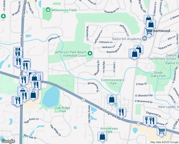 map of restaurants, bars, coffee shops, grocery stores, and more near 48 Whispering Drive in Streamwood