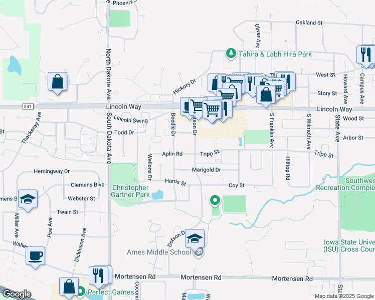 map of restaurants, bars, coffee shops, grocery stores, and more near 4009 Aplin Road in Ames