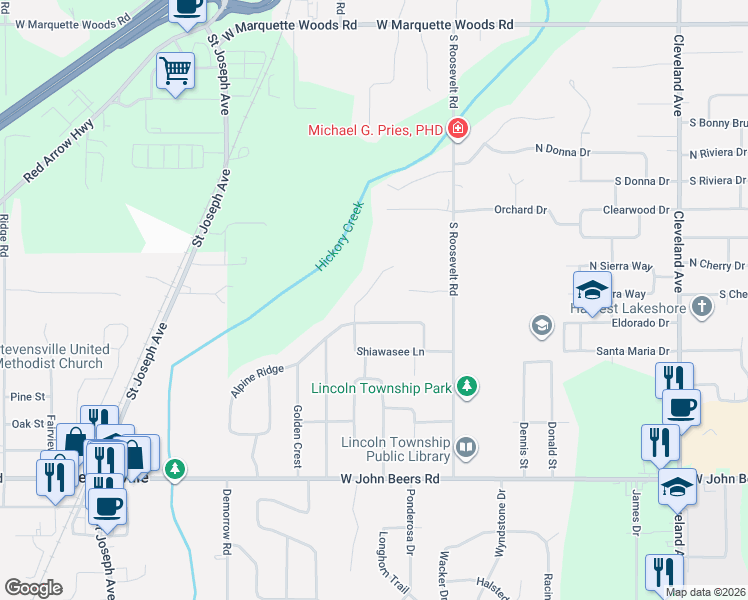 map of restaurants, bars, coffee shops, grocery stores, and more near 2253 Pawnee Path in Stevensville