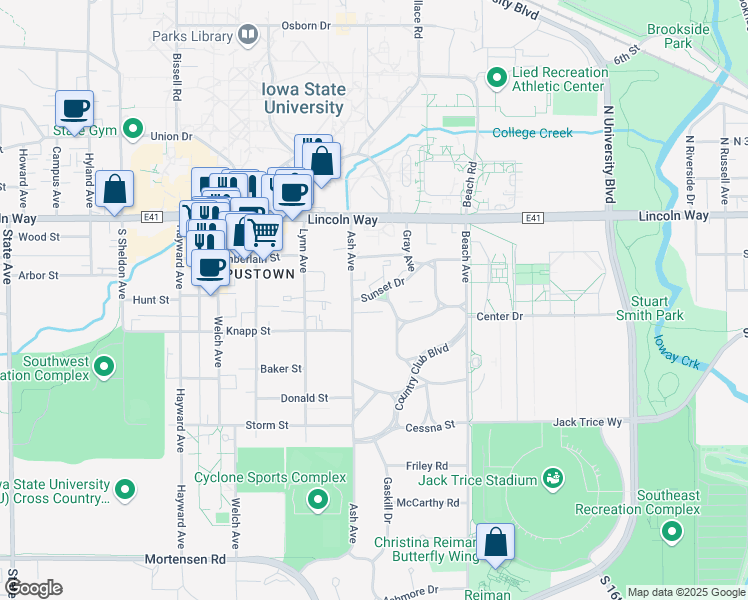 map of restaurants, bars, coffee shops, grocery stores, and more near 320 Ash Avenue in Ames