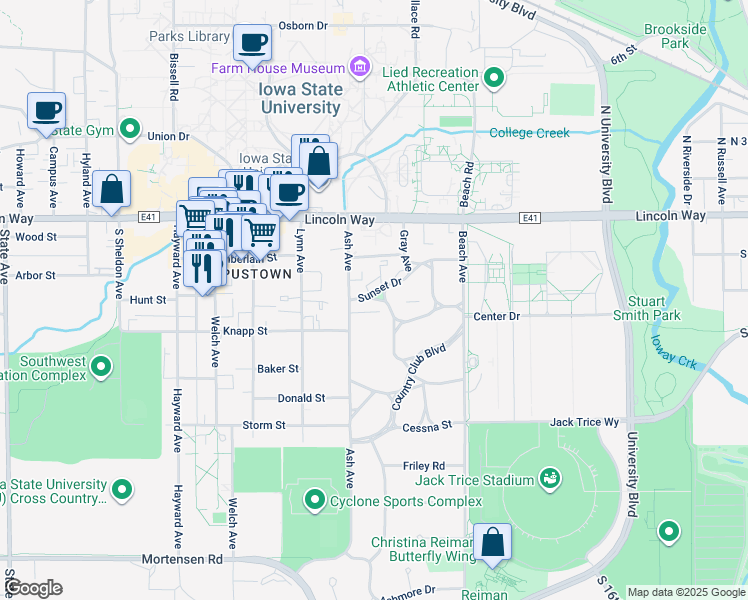 map of restaurants, bars, coffee shops, grocery stores, and more near 2142 Sunset Drive in Ames