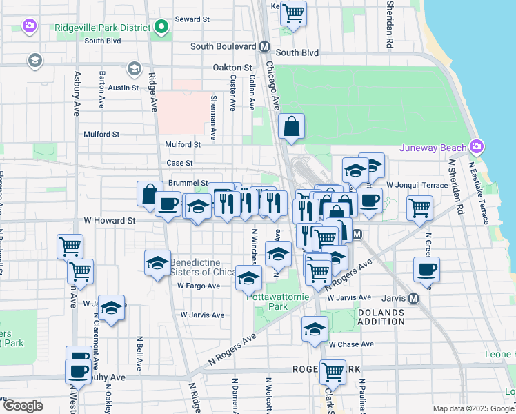 map of restaurants, bars, coffee shops, grocery stores, and more near 627 West Howard Street in Evanston