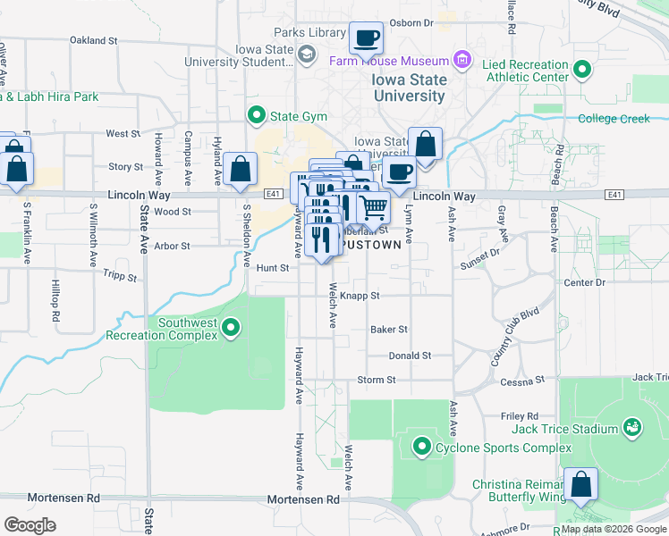map of restaurants, bars, coffee shops, grocery stores, and more near 324 Welch Avenue in Ames