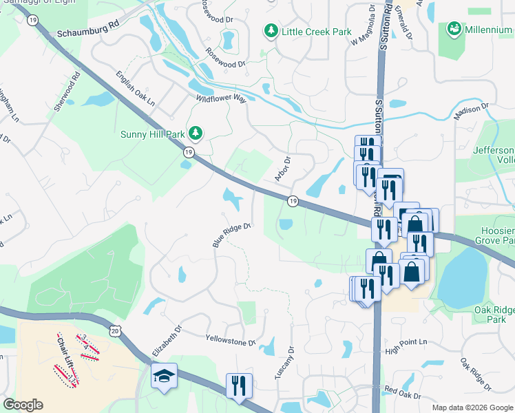 map of restaurants, bars, coffee shops, grocery stores, and more near 711 Blue Ridge Drive in Streamwood