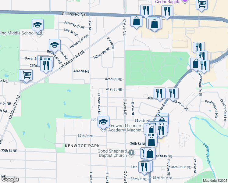 map of restaurants, bars, coffee shops, grocery stores, and more near 505 41st Street Northeast in Cedar Rapids