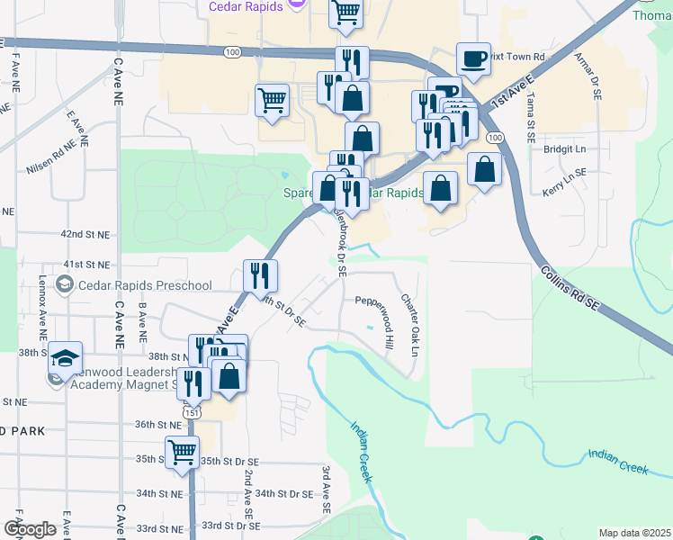 map of restaurants, bars, coffee shops, grocery stores, and more near 106 Glenbrook Drive Southeast in Cedar Rapids