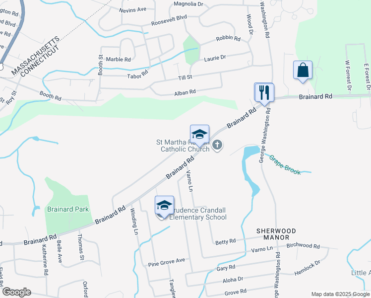 map of restaurants, bars, coffee shops, grocery stores, and more near 199 Brainard Road in Enfield