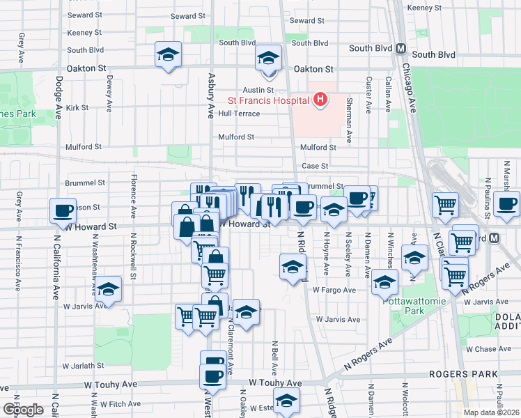 map of restaurants, bars, coffee shops, grocery stores, and more near 1600 Howard Street in Chicago
