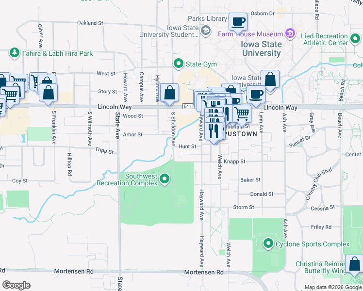map of restaurants, bars, coffee shops, grocery stores, and more near 2639 Knapp Street in Ames