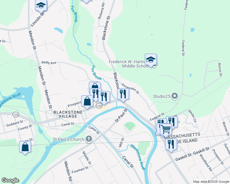 map of restaurants, bars, coffee shops, grocery stores, and more near 82 Main Street in Blackstone