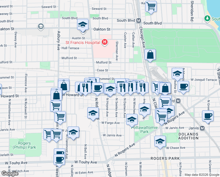 map of restaurants, bars, coffee shops, grocery stores, and more near in Evanston