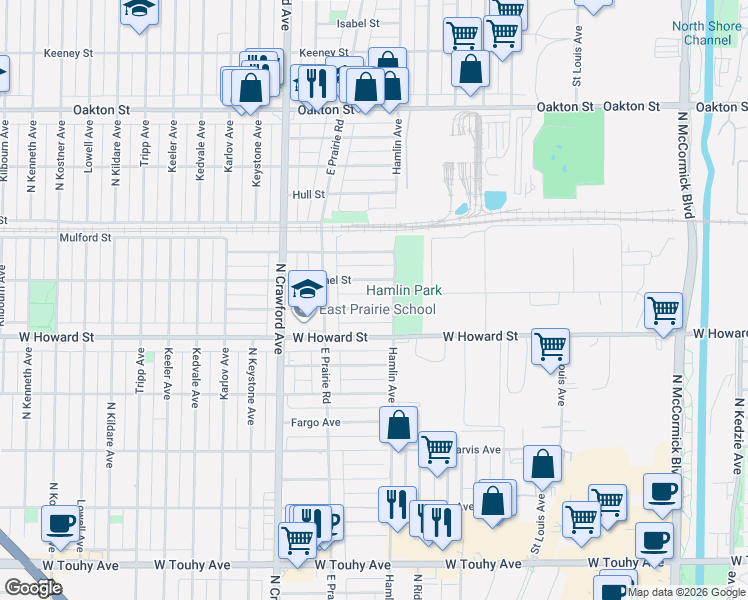 map of restaurants, bars, coffee shops, grocery stores, and more near 3823 Dobson Street in Skokie
