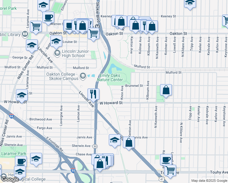 map of restaurants, bars, coffee shops, grocery stores, and more near 4659 Dobson Street in Skokie