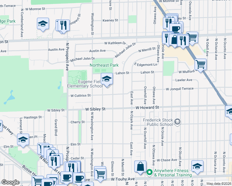 map of restaurants, bars, coffee shops, grocery stores, and more near 622 Elmore Street in Park Ridge