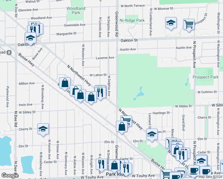 map of restaurants, bars, coffee shops, grocery stores, and more near 645 North Delphia Avenue in Park Ridge