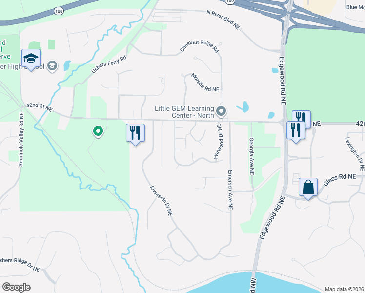 map of restaurants, bars, coffee shops, grocery stores, and more near 3818 North Willowbend Road Northeast in Cedar Rapids