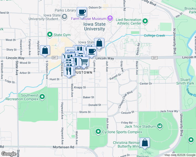 map of restaurants, bars, coffee shops, grocery stores, and more near in Ames
