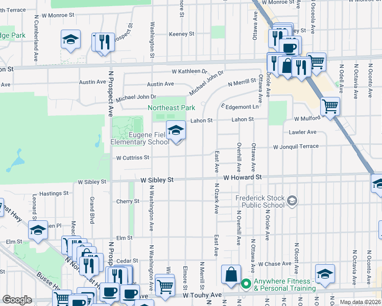 map of restaurants, bars, coffee shops, grocery stores, and more near 622 Elmore Street in Park Ridge
