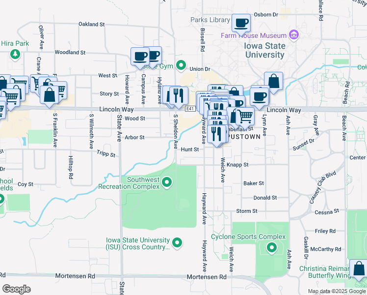 map of restaurants, bars, coffee shops, grocery stores, and more near 2635 Hunt Street in Ames
