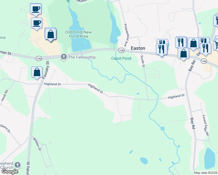 map of restaurants, bars, coffee shops, grocery stores, and more near 46 Symphony Drive in Easton