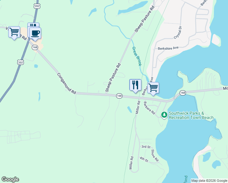map of restaurants, bars, coffee shops, grocery stores, and more near 2-16 Sheep Pasture Road in Southwick